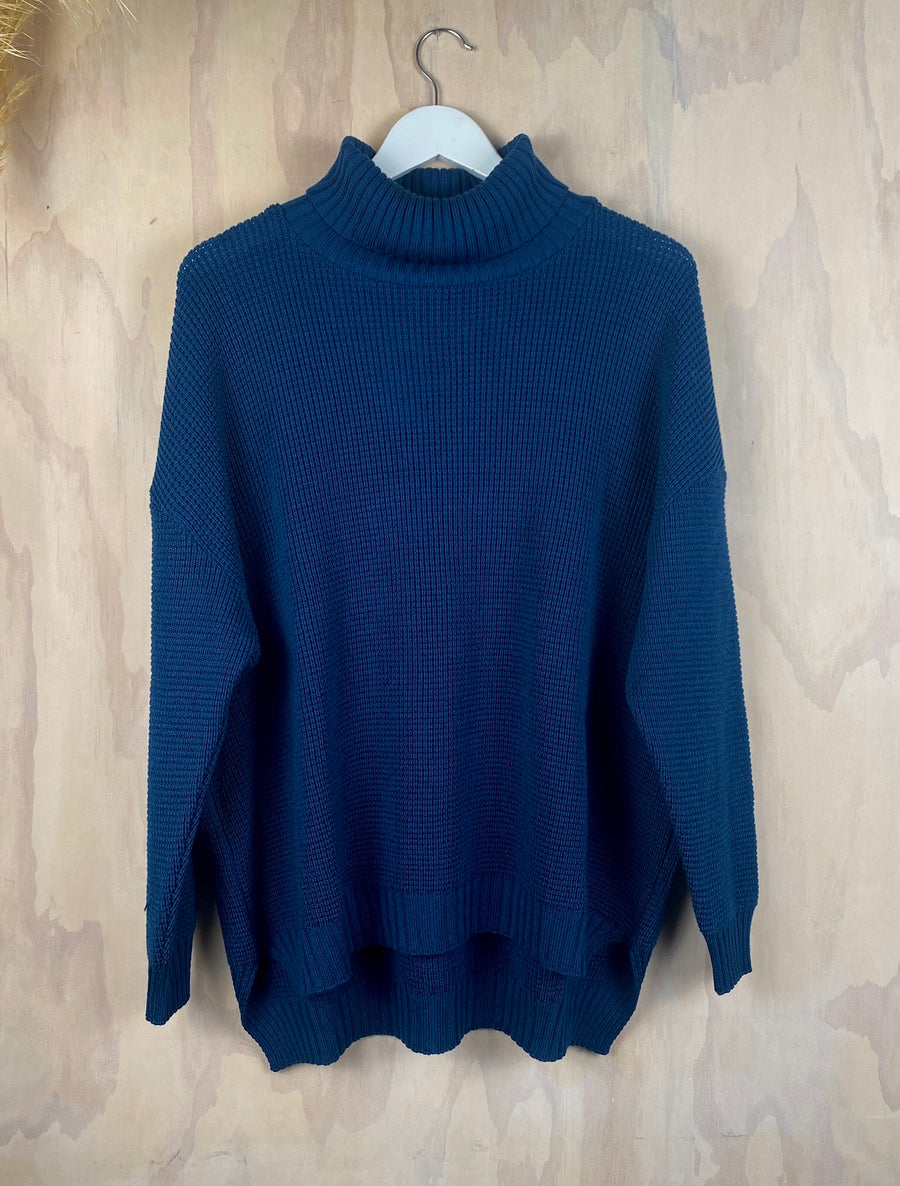 Roll Neck Waffle Jersey | Indigo