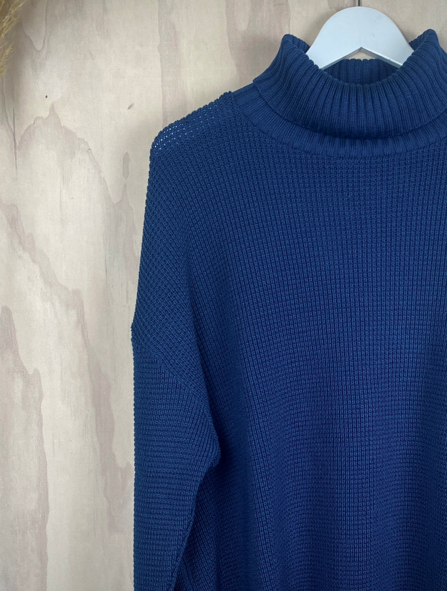 Roll Neck Waffle Jersey | Indigo