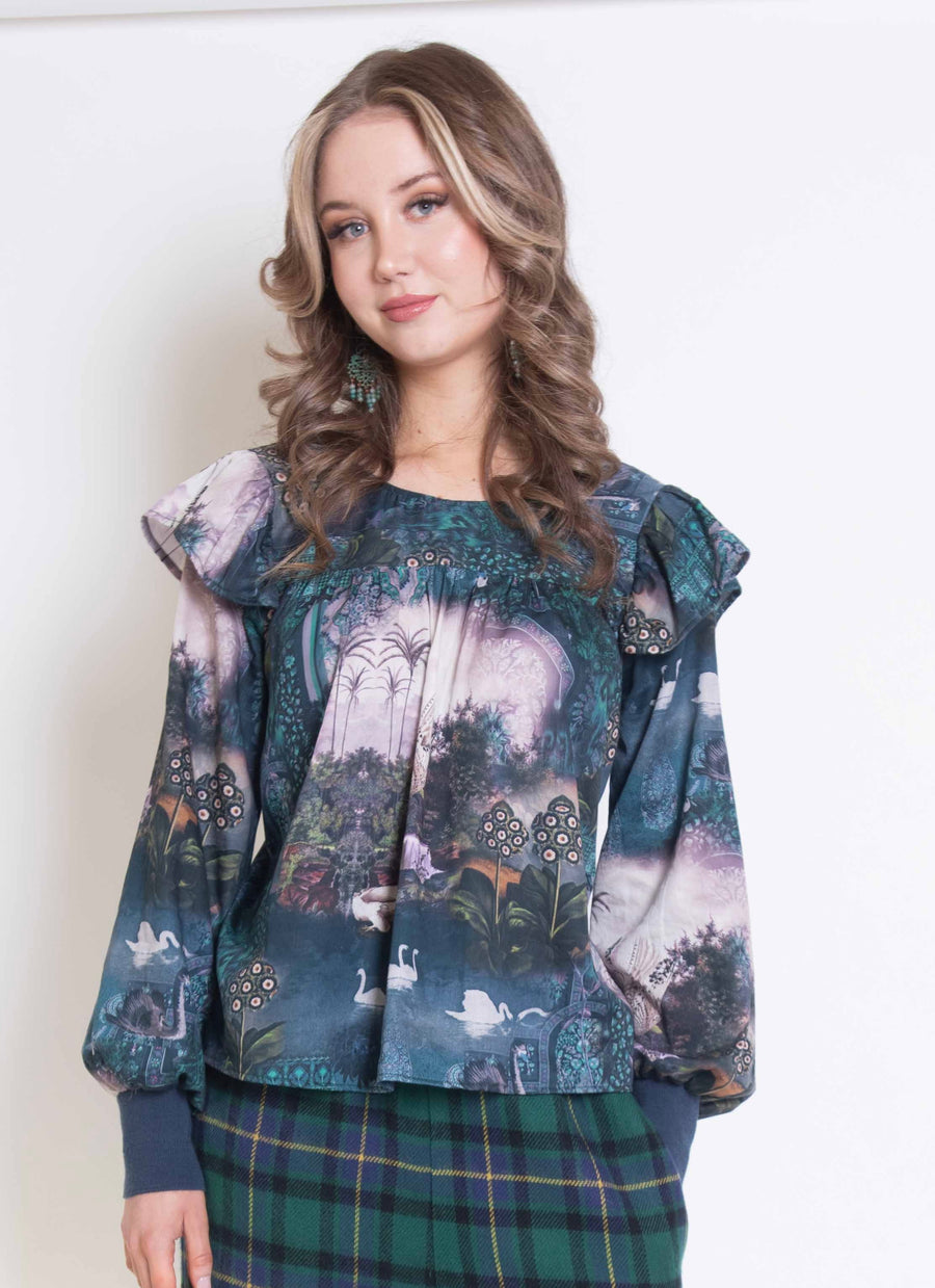 Sheryl May Green Collage Frille Shirt